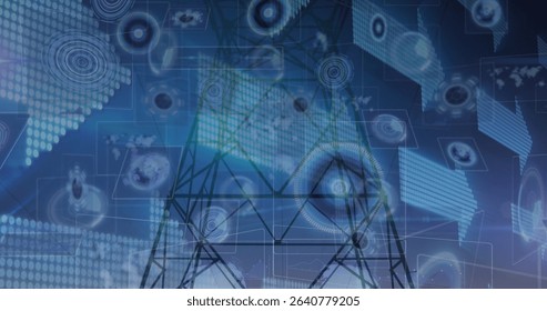 Displaying steel lattice tower showing holographic graphics at network interface with map overlays. Technology, connectivity, data visualization, digital, futuristic, infrastructure, communication