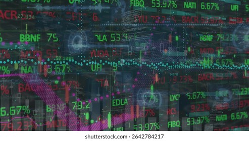 Displaying stock market data overlay at trading terminal, with candlestick bars and ticker symbols. Futuristic, digital, vibrant, technological, finance, data visualization, interface