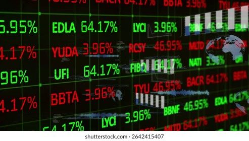 Displaying stock market interface on trading screen, with neon grid, ticker symbols and charts. Technology, finance, data, network, analytics, visualization, innovation