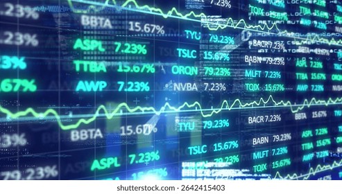 Displaying stock ticker symbols scrolling across trading screen with percentages and line graphs. Futuristic, high-tech, data analytics, finance, digital, neon, monitor