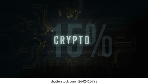 Displaying stylized 15% CRYPTO text hovering over technology interface, with circuit board traces. Futuristic, digital, cyberpunk, technology, cryptocurrency, circuit, abstract