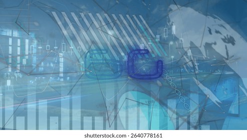 Displaying stylized 5G in futuristic glass corridor, with financial charts, arrows and globe. Technology, finance, networking, innovation, analytics, digital, connectivity