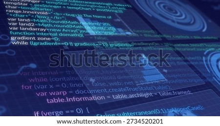 Displaying stylized code lying over deep blue grid on computer display, showing bar chart, nodes. Coding, neon, dashboard, visualization, analytics, data, futuristic