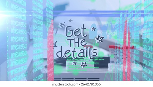 Displaying stylized doodled text over research bench, mixing sample racks, cables and code streams. Technology, data, digital, innovation, electronics, science, visualization