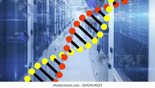Displaying stylized double helix graphic spanning server corridor with server racks and LED lights. Technology, cybersecurity, data infrastructure, digital innovation, networking, futuristic,