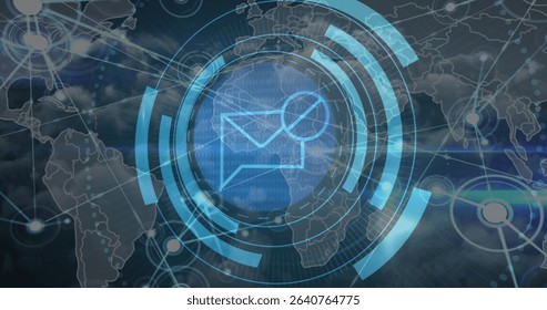Displaying stylized envelope icon glowing within concentric digital rings over world map interface. Connectivity, communication, technology, data, network, futuristic, abstract