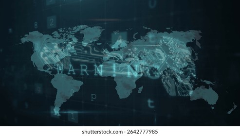 Displaying stylized world map over virtual network backdrop, with glowing circuit paths and digits. Geometric, futuristic, technology, cyber, digital, connectivity, network
