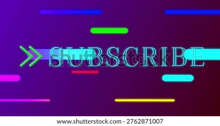 Displaying SUBSCRIBE text glowing on digital banner, with green chevron arrow and bars. Neon, letters, glow, serif, uppercase, gradient, streaks