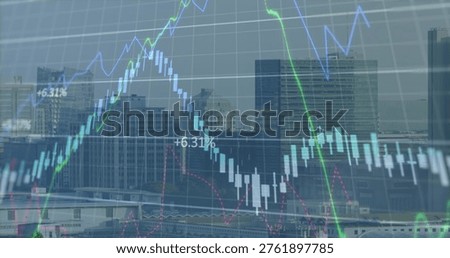 Displaying superimposed candlestick chart and green blue line graphs over downtown rooftops, +6.31%. Finance, cityscape, skyline, market, analytics, overlay, dashboard