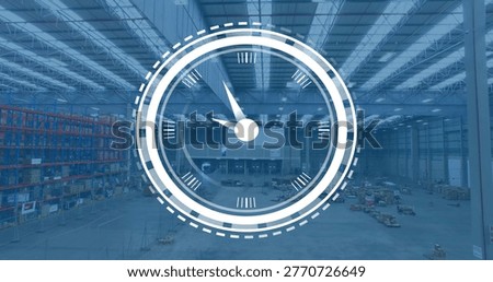 Displaying superimposed circular clock graphic over warehouse interior with orange pallet racking. Hud, industrial, logistics, storage, racks, office, digital