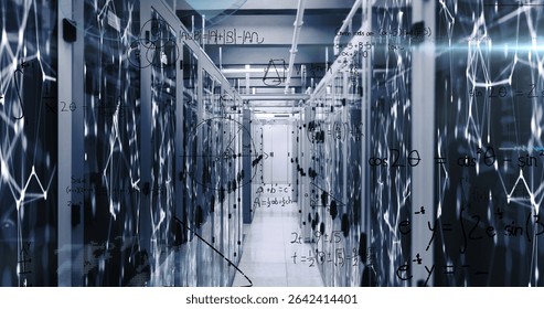 Displaying superimposed formulas floating over rows of server racks in data center, with LED lights. Technology, cybersecurity, industrial, digital, network, innovation, modern