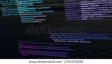 Displaying syntax-colored JavaScript code on widescreen monitor in dim studio, with neon scanlines. Programming, coding, monospaced, glow, gradient, reflections, lines