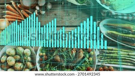 Displaying teal chart and grid overlaying veg spread on wood table, with roasted potatoes. Flatlay, rustic, vegetables, colorful, greens, peppers, corn