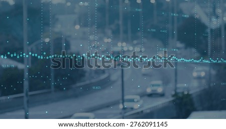 Displaying teal horizontal dotted waveform overlay across urban highway at dusk, showing numbers. Traffic, night, road, city, motion, glow, neon