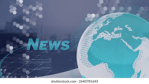Displaying teal News with hexagon grid overlays, skyline, showing dotted globe on right, copy space. Digital, broadcast, futuristic, technology, global, data, communication - Powered by Shutterstock - Get 15% off with code: PIKWIZARD15