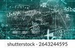 Displaying teal-green interface showing math symbols and equations on HUD, with grid lines. Futuristic, digital, abstract, technology, data, science, visualization
