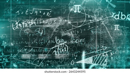 Displaying teal-green interface showing math symbols and equations on HUD, with grid lines. Futuristic, digital, abstract, technology, data, science, visualization