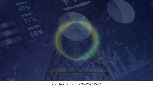 Displaying telecom tower glowing amid dark-blue digital grid, with glowing ring and data charts. Technology, analytics, innovation, data visualization, cybersecurity, digital infrastructure, network