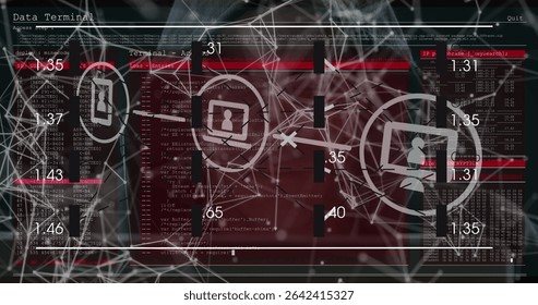 Displaying terminal interface featuring code on screen with network nodes, user icons with metrics. Technology, cybersecurity, data, digital, network, interface, analytics