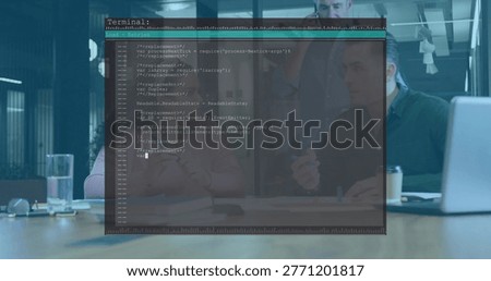 Displaying terminal window overlaying table in office, colleagues in blazers reviewing laptop. Code, screen, overlay, collaboration, meeting, conference, professional
