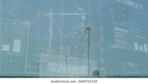 Displaying three-blade wind turbine rotating on plain, with UI panels showing data charts. Renewable, sustainability, technology, data visualization, energy, green, innovation