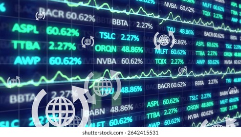 Displaying ticker tracking symbols and % figures on trading floor, with line charts and globe icons. Technology, finance, data visualization, digital, analytics, corporate, modern