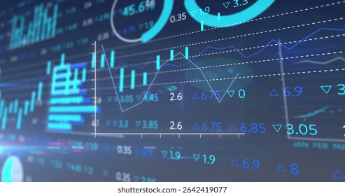 Displaying trading dashboard on screen with line graphs, bar charts, numeric data and lens flare. Technology, analytics, innovation, finance, data visualization, futuristic, digital