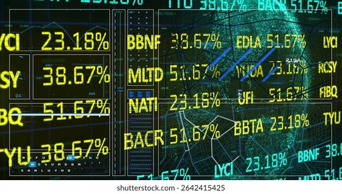 Displaying trading dashboard showing floating percentages over grid map, chart lines and tickers. Tech, analytics, finance, cybersecurity, data visualization, digital, futuristic