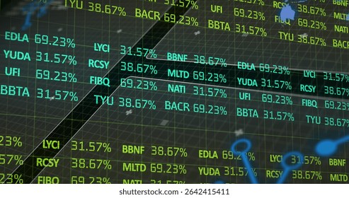 Displaying trading screen showing ticker codes, percentages on dark 3D grid, with light-blue curves. Technology, finance, analytics, futuristic, data visualization, digital, innovation