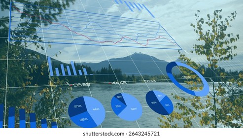 Displaying translucent 3D grid floating over serene lakeside panorama, with financial charts. Digital, analytics, modern, investment, nature, technology, visualization - Powered by Shutterstock - Get 15% off with code: PIKWIZARD15