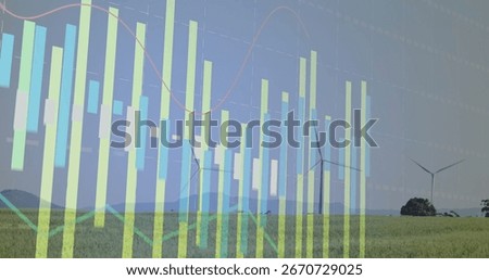 Displaying translucent bar chart and line graph overlaying rural green grassy field, wind turbines. Sustainability, renewableenergy, environmental, agriculture, dataanalytics, ecosystem,