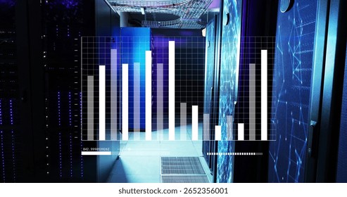 Displaying translucent bar chart overlay showing metrics in datacenter corridor, with server racks. Technology, data, digital, infrastructure, modern, industrial, analytics