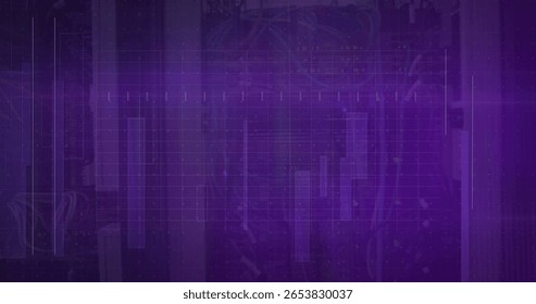 Displaying translucent bar chart overlay with grid in server room, server racks and network cables. Technology, data, innovation, cybersecurity, analytics, digital, network