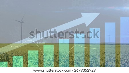Displaying translucent bar chart overlaying rural farmland, with wind turbines and yellow blossoms. Renewable energy, sustainability, data visualization, agricultural, eco-friendly, innovation,