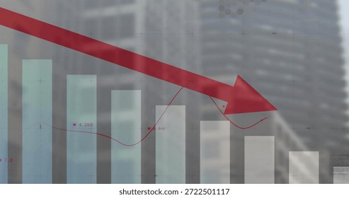 Displaying translucent bars declining on glass over skyline, with red arrow, numbered trend markers. Finance, data, graph, dashboard, urban, cityscape, downturn