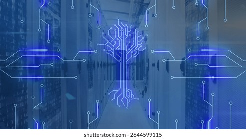 Displaying translucent blue circuit tree overlay inside data center aisle, with server racks. Technology, cybersecurity, infrastructure, industry, networking, innovation, futuristic - Powered by Shutterstock - Get 15% off with code: PIKWIZARD15