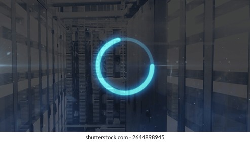 Displaying translucent blue loading graphic pulsing along server racks aisle, with network cables. Technology, data center, cybersecurity, connectivity, digital infrastructure, innovation, modern - Powered by Shutterstock - Get 15% off with code: PIKWIZARD15