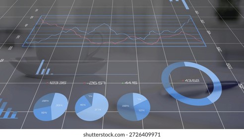 Displaying translucent blue multi-line chart, donut and pie charts overlaying desk, with cup, spoon. Data, visualization, dashboard, analytics, grid, metrics, office
