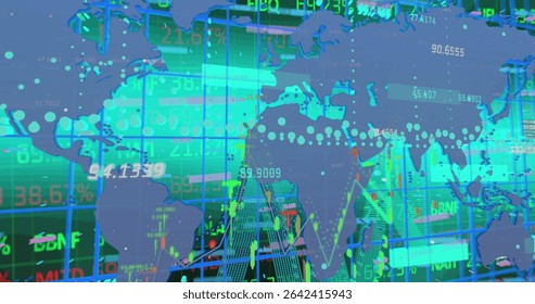 Displaying translucent blue world map overlay on financial data interface, with stock tickers. Data visualization, financial technology, digital trading, market analysis, global economy, data