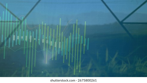 Displaying translucent candlestick bars and trend lines on grassy pylon field, with grid overlay. Rural, infrastructure, data visualization, financial, landscape, technology, renewable