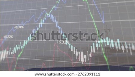 Displaying translucent candlestick chart over coast, with gridlines, trend lines, +6.31%. Finance, dashboard, data, analytics, digital, visualization, coastal