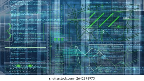 Displaying translucent dashboard showing code panels in virtual interface, with wireframe maps. Technology, cybersecurity, innovation, data visualization, interface design, futuristic, digital - Powered by Shutterstock - Get 15% off with code: PIKWIZARD15