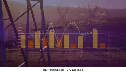 Displaying translucent data chart over rural field at dusk, showing yellow bars, waveforms, tower. Overlay, visualization, landscape, outdoor, countryside, lattice, pylon