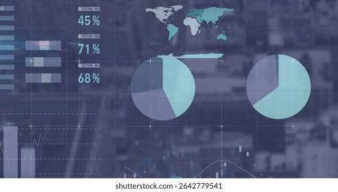 Displaying translucent data dashboard overlay in software interface, with pie charts and world map. Analytics, visualization, technology, digital, innovation, corporate, futuristic