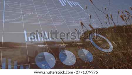 Displaying translucent data overlay covering rural land in warm late sun, with pickup and grasses. Charts, grid, analytics, farmland, horizon, goldenhour, truck