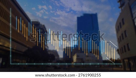 Displaying translucent data overlay over downtown street with skyscraper, baseline, blue gold bars. Cityscape, skyline, histogram, analytics, glass, urban, digital