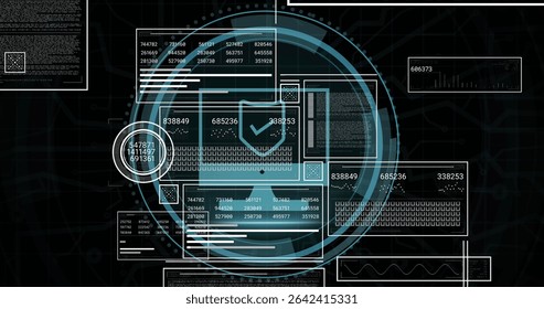 Displaying translucent data panels and HUD rings in dashboard interface, with checkmark icon. Futuristic, technology, visualization, digital, immersive, interface, innovation