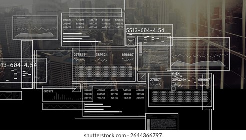 Displaying translucent data panels overlaying high-rise office view with numeric tables and charts. Futuristic, digital, sleek, business, technology, corporate, modern