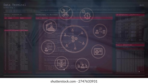 Displaying translucent data terminal interface at workstation, with circular network diagram. Console, code, encryption, password, hex, dashboard, monitor