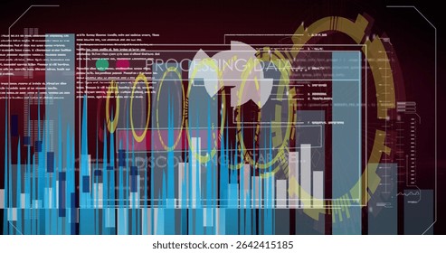 Displaying translucent data window in simulated control panel, with blue bar charts and code text. Futuristic, technology, interface, analytics, digital, immersive, sleek